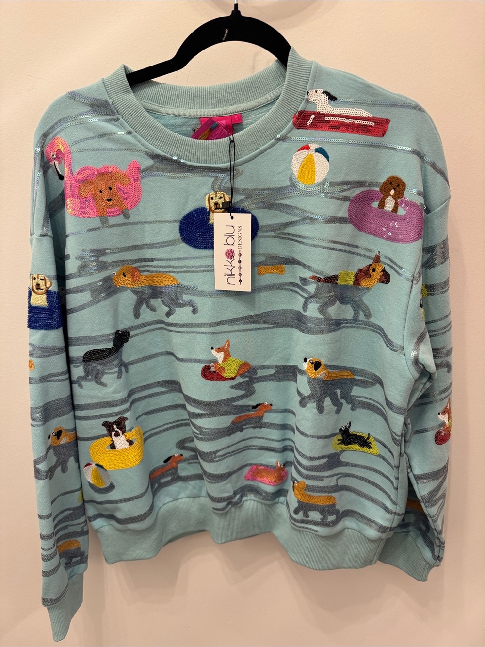 QUEEN OF SPARKLES Light Blue Novelty Dog Pool Float Sweatshirt